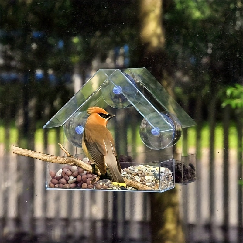 Acrylic Window Bird Feeder House-Shaped Transparent Seed Tray with Suction Cups for Secure Mounting – Clear View Wild Bird Feeder for Backyard Garden Bird Watching