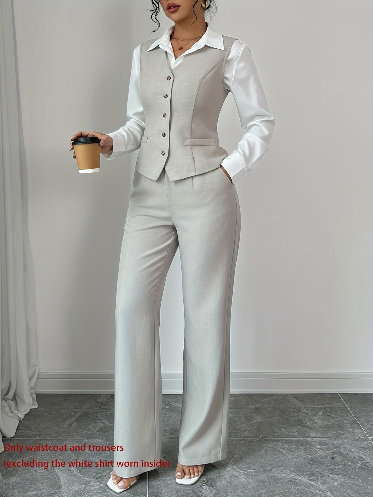 Women's 2-Piece Sleeveless Single-Button Vest & High Waist Wide Leg Pants Set – Solid Color Elegant Chic Office Casual Outfit for Spring Summer