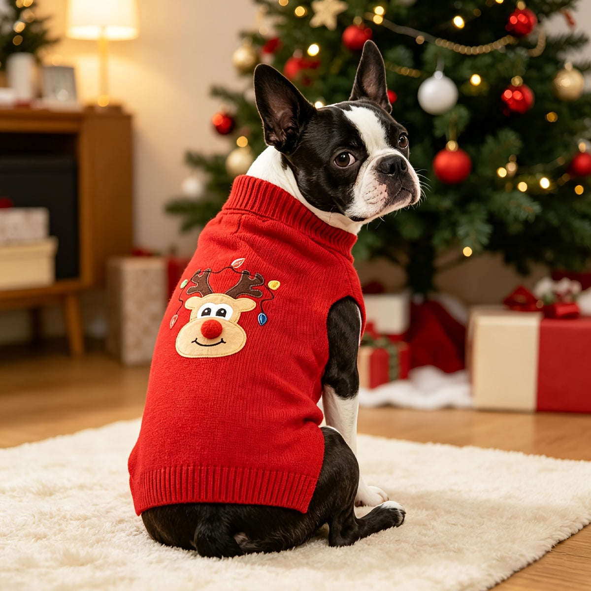 Christmas Deer Dog Sweater – Thickened Knitted Turtleneck Winter Sweater for Medium and Large Dogs, Soft Warm Festive Red Holiday Knitwear for Labrador Rottweiler Beagle, Elastic Cozy Dog Apparel