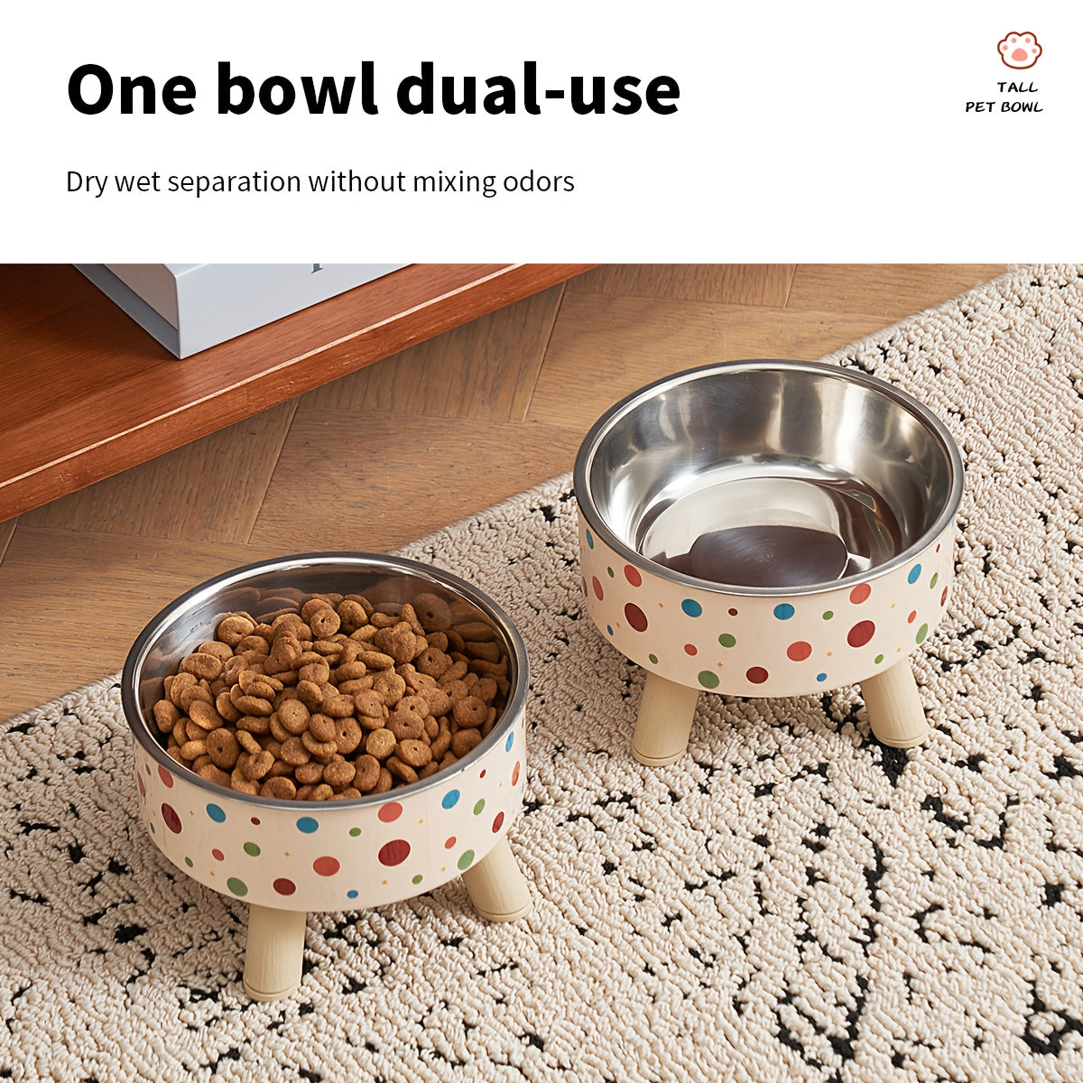 Elevated Cat Bowls Set of 2 - Vibrant Polka Dot Raised Pet Dishes with Neck Support for Cats, Collapsible Feeding Bowls for Dogs, Stylish Chic Pet Food & Water Bowls for Indoor Pets