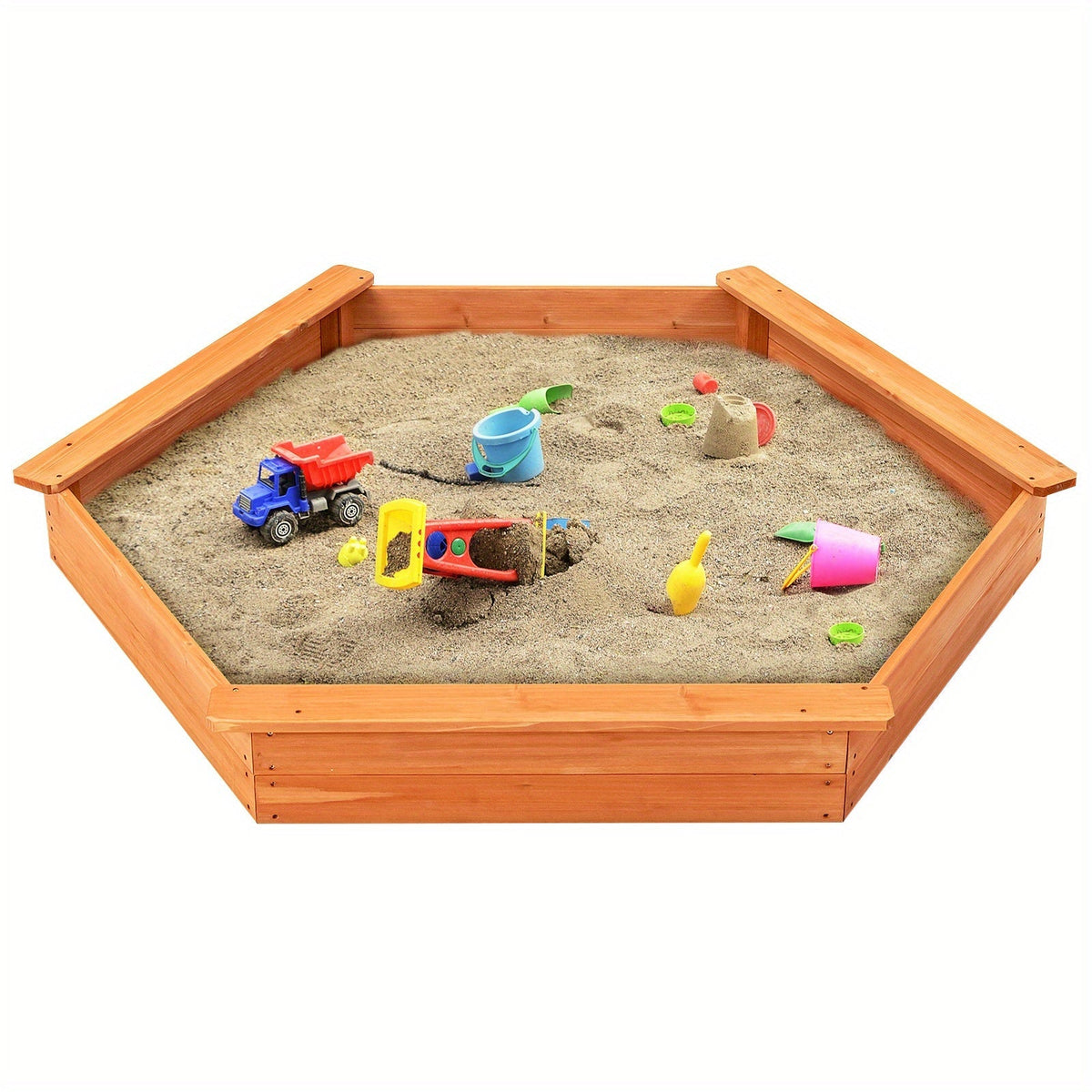 Cedar Wood Hexagonal Kids Outdoor Sandbox with Lid Weatherproof Oxford Cover Three Benches Base Liner 73x64 Inch for Gardens Yards Beaches Fits 4 to 6 Kids Natural