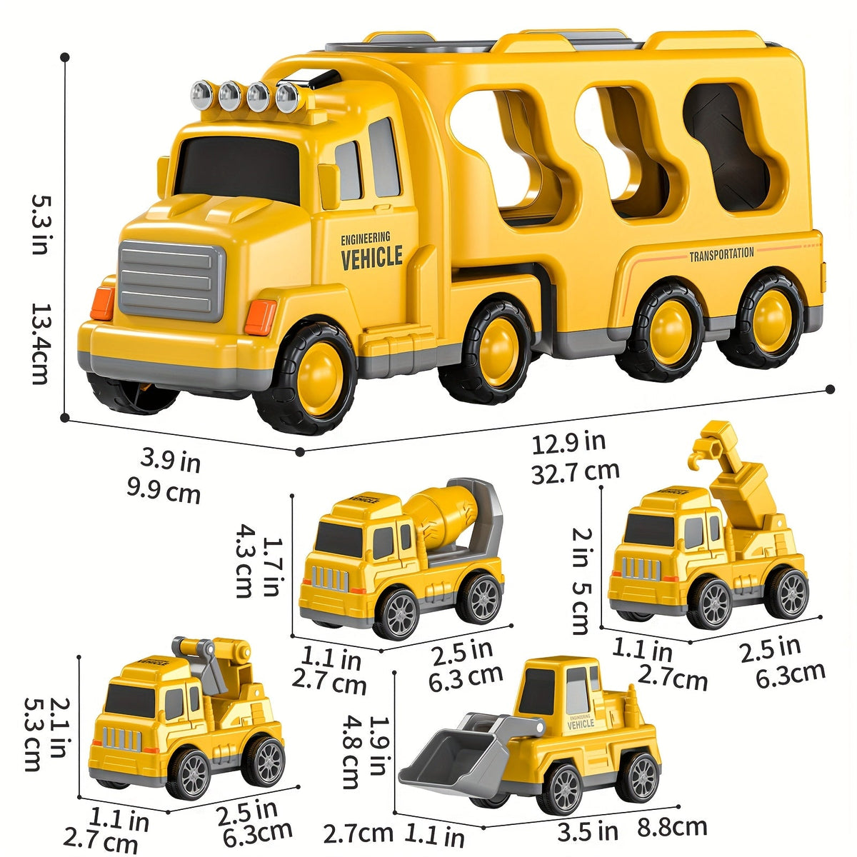 5-in-1 Engineering Vehicle Toy Set for Kids Ages 2+ - Friction-Powered Construction Trucks Including Dump Truck, Excavator & More, Durable Toddler Transport Playset, Birthday & Holiday Gift, Yellow