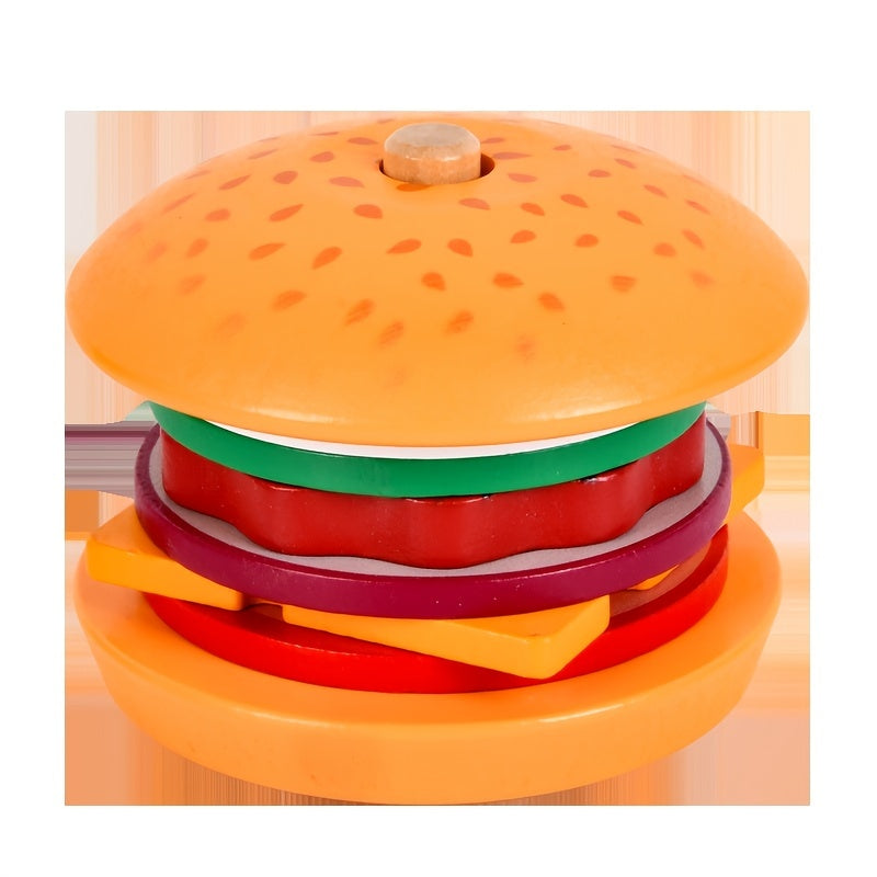 Wooden Stacking Hamburger Toy Set Fine Motor Skill Game with Food Pieces & Order Cards Montessori Pretend Play Toy for Toddlers Ages 3+ Birthday Halloween Thanksgiving Christmas Gift