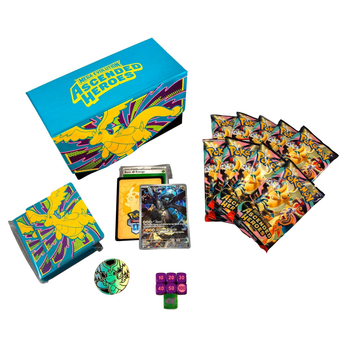 Pokémon TCG Mega Evolution Ascended Heroes Elite Trainer Box – 9 Booster Packs, Foil Promo Card N's Zekrom, 65 Card Sleeves, Energy Cards, Dice & Collector Box