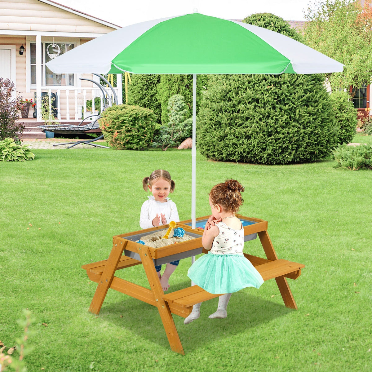COSTWAY 3-in-1 Kids Picnic Table with Adjustable Umbrella – Wooden Sand & Water Activity Table, Removable Tabletop, 110 LB Capacity, Indoor Outdoor Playset for Garden Yard, Natural