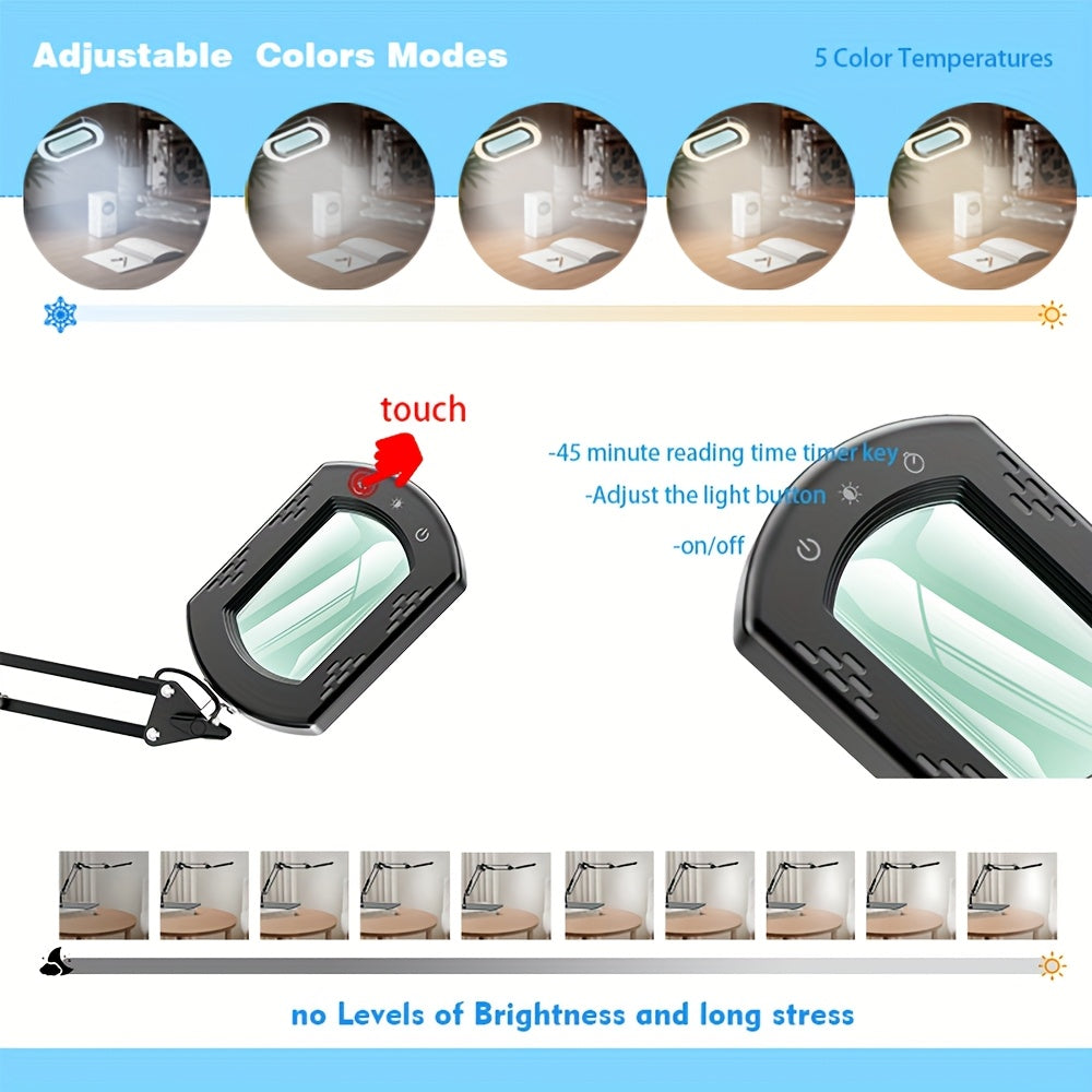 15X LED Magnifying Glass Lamp with Adjustable Arm & Clamp – Dimmable 3-Color USB Desk Magnifier for Reading, Crafts, Nail Art, Sewing & Precision Work (Black/White)