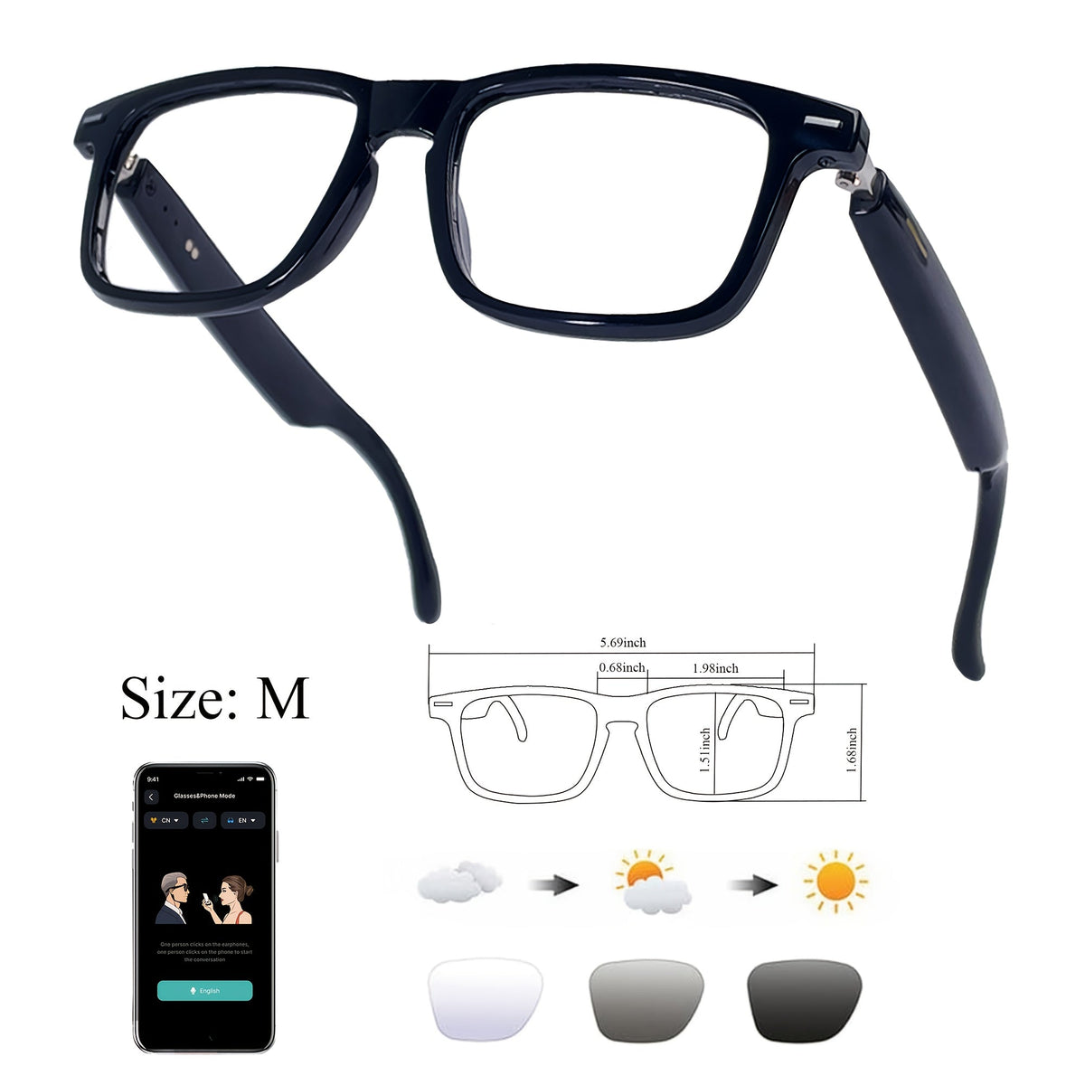 AI Smart Glasses Real-Time Translation 160+ Languages ChatGPT System Bluetooth 5.3 Built-in Mic Speaker – HD Voice Calls HiFi Music Smart Audio Glasses Unisex Men Women