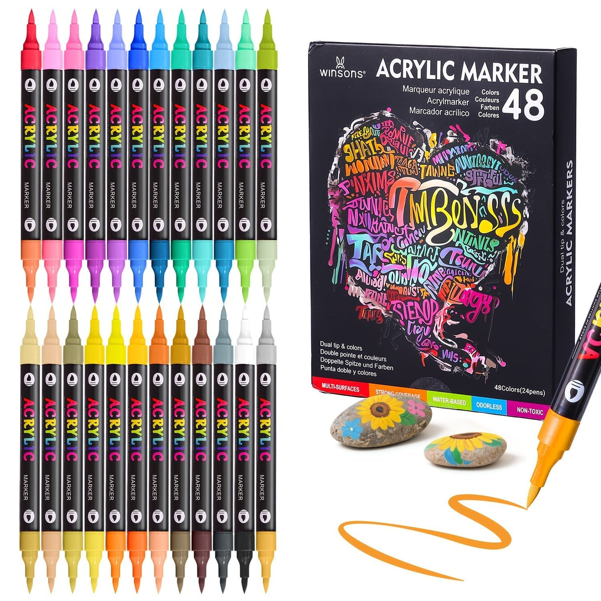 Dual-Tip Dual-Shade Acrylic Paint Markers 24, 48 & 72 Colors – Quick-Dry Waterproof Brush Pens for Rock Painting, Journal Doodling, Canvas, Wood, Glass & Home Decor – Creative Art Markers for Adults & Kids