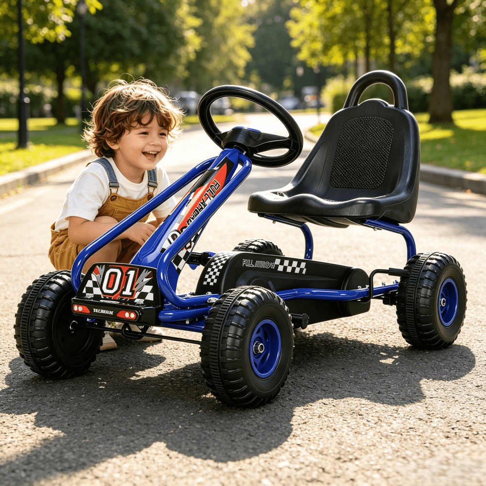 Pedal Go Kart for Kids Ages 3-6, 4-Wheel Pedal Powered Ride On Car with Adjustable Seat, Handbrake, No-Slip Wheels, Outdoor Racing Go Kart for Boys and Girls - Blue, Green, Red, Pink
