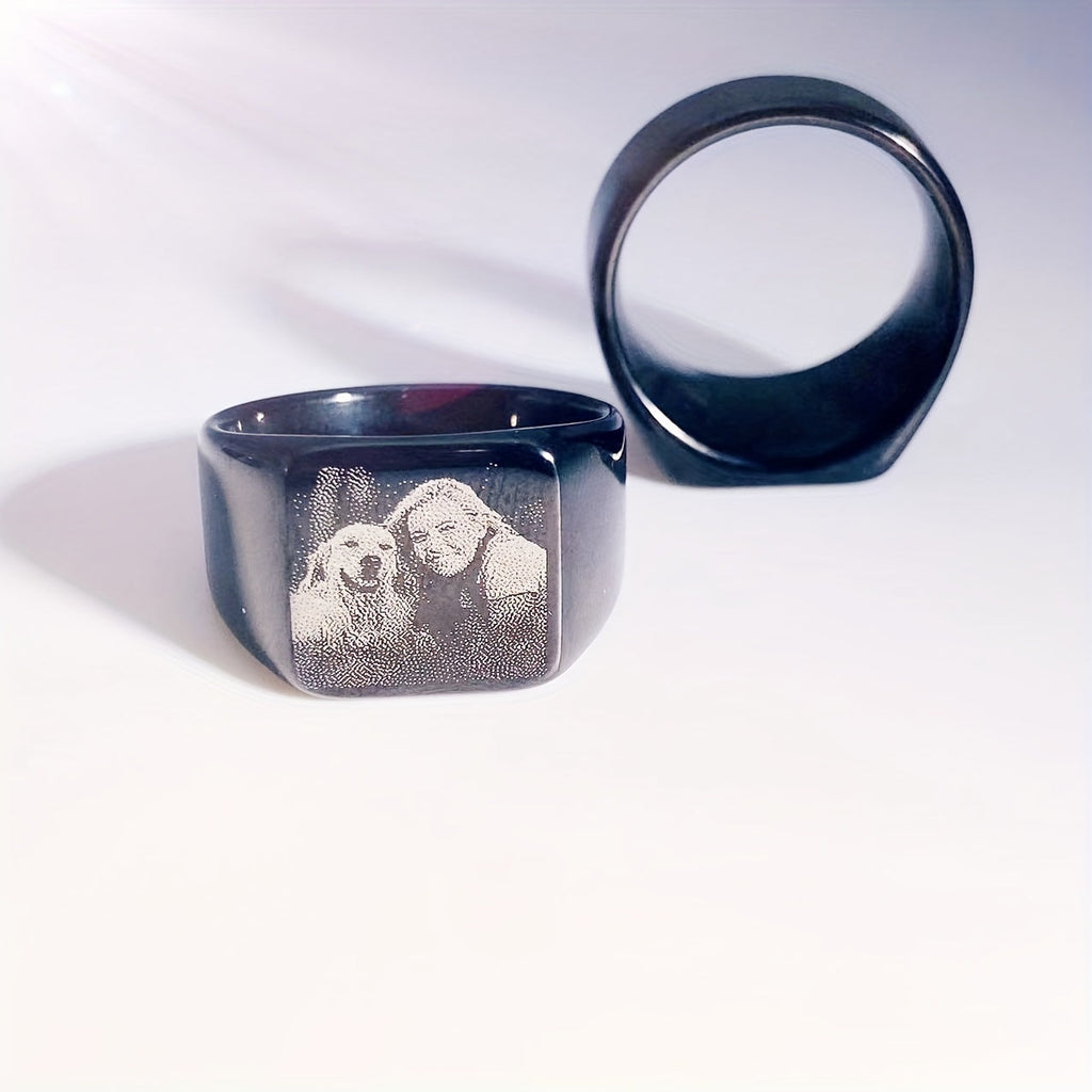 Custom Laser Engraved Dog Memorial Ring – Personalized Pet Photo Tribute Stainless Steel Square Band, Unisex Sizes 7–12, Black Finish Memorial Friendship Jewelry for Men & Women