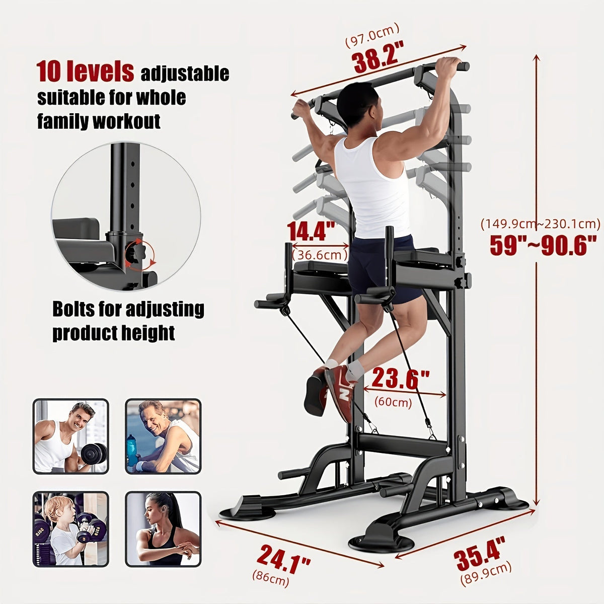 Power Tower Pull Up Bar Dip Station – Adjustable Height 50"-90.6" 330LBS Multi-Function Strength Training Equipment for Men & Women Home Gym, Free Elastic Bands Included