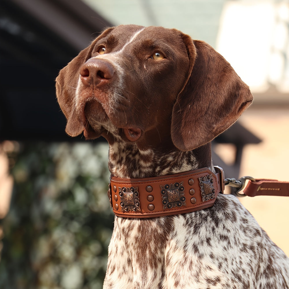 Heavy Duty Studded Leather Dog Collar for Medium and Large Dogs - Durable Real Leather with Metal Studs, Adjustable L XL XXL, 8 Colors, Strong Dog Collar for Large Breed Training Walking