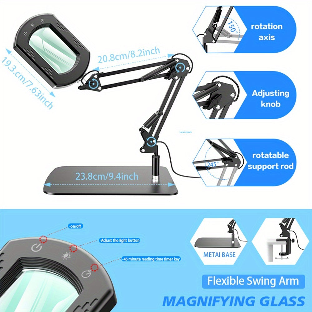 15X LED Magnifying Glass Lamp with Adjustable Arm & Clamp – Dimmable 3-Color USB Desk Magnifier for Reading, Crafts, Nail Art, Sewing & Precision Work (Black/White)