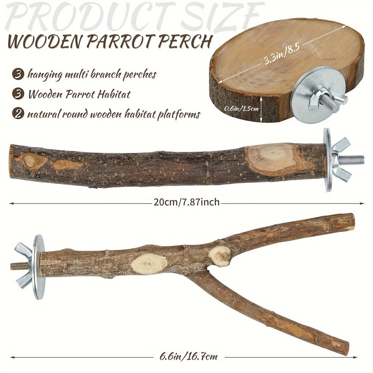 Apple Branch Bird Perch Set 8pcs Natural Wood Parrot Perch Stand Fork Multi-Branch Hanging Platform Hammock Swing Toy for Macaws Conures Parakeets Budgies Finches