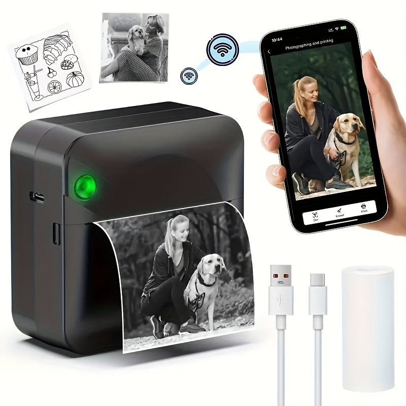 Portable Wireless Bluetooth Thermal Printer Mini Pocket Printer Ink-Free for Smartphones Photos Notes Stickers Diaries Memos Includes Thermal Paper Roll