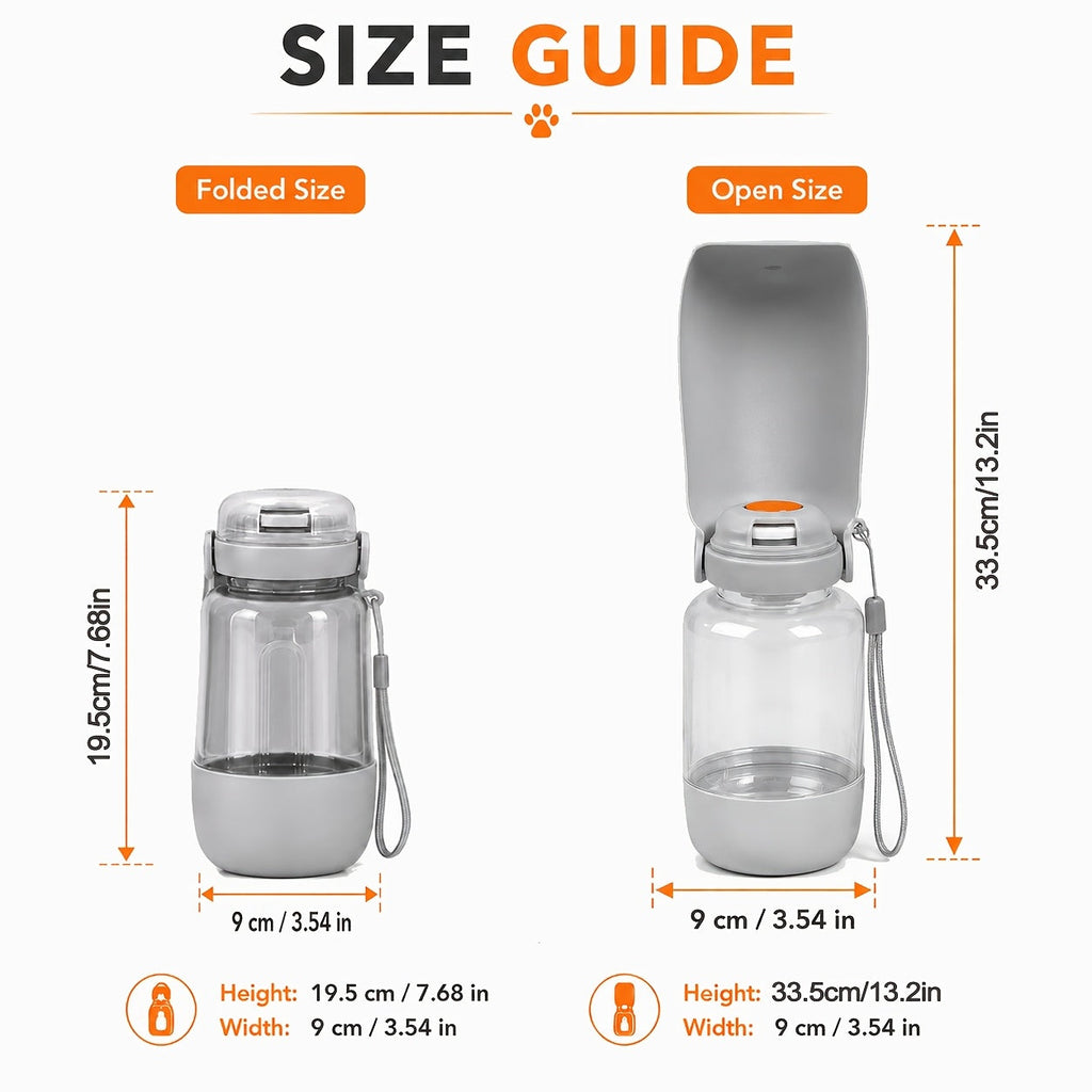 Dual-Chamber Dog Travel Water & Food Bottle with Lanyard – 17.58oz Water + 5.07oz Food Compartments, Leak-Proof Collapsible Bowl Dispenser for Hiking Outdoor Travel, 4 Colors