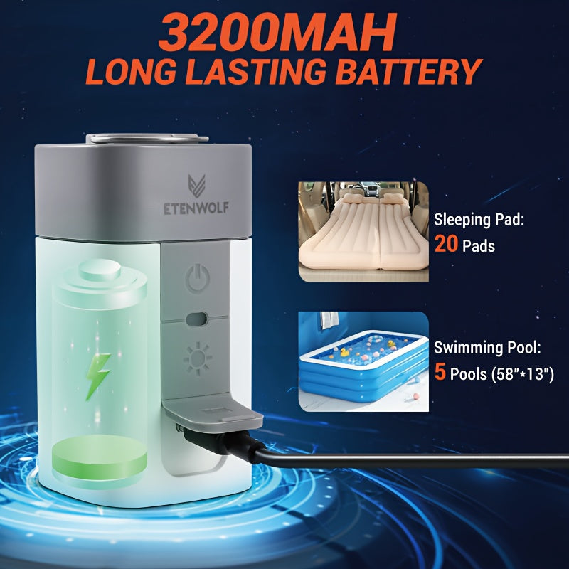 Portable Electric Air Pump 3200mAh – Fast Inflation & Deflation, Air Compressor for Air Mattresses, Pool Floats, Swimming Rings & Storage Bags, Compact Lightweight with Backpack Attachment for Camping & Outdoor