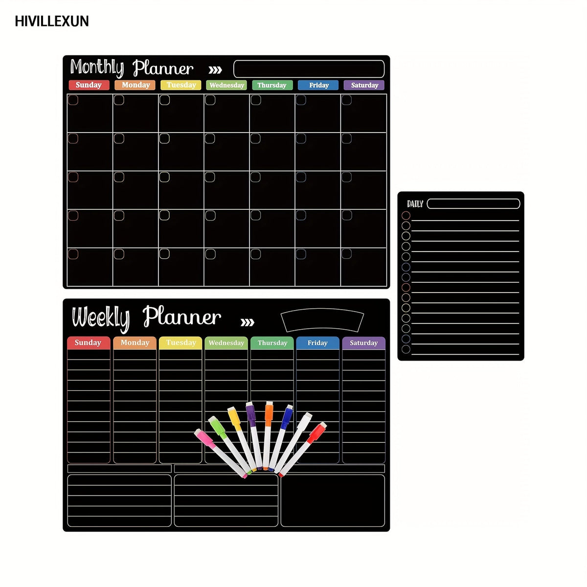 Black Magnetic Dry Erase Board Set 3-Pack – Monthly Weekly Daily Planner Boards for Fridge & Wall, Family Organizer Calendar with 8 Dry Erase Markers, Home Office Kitchen School