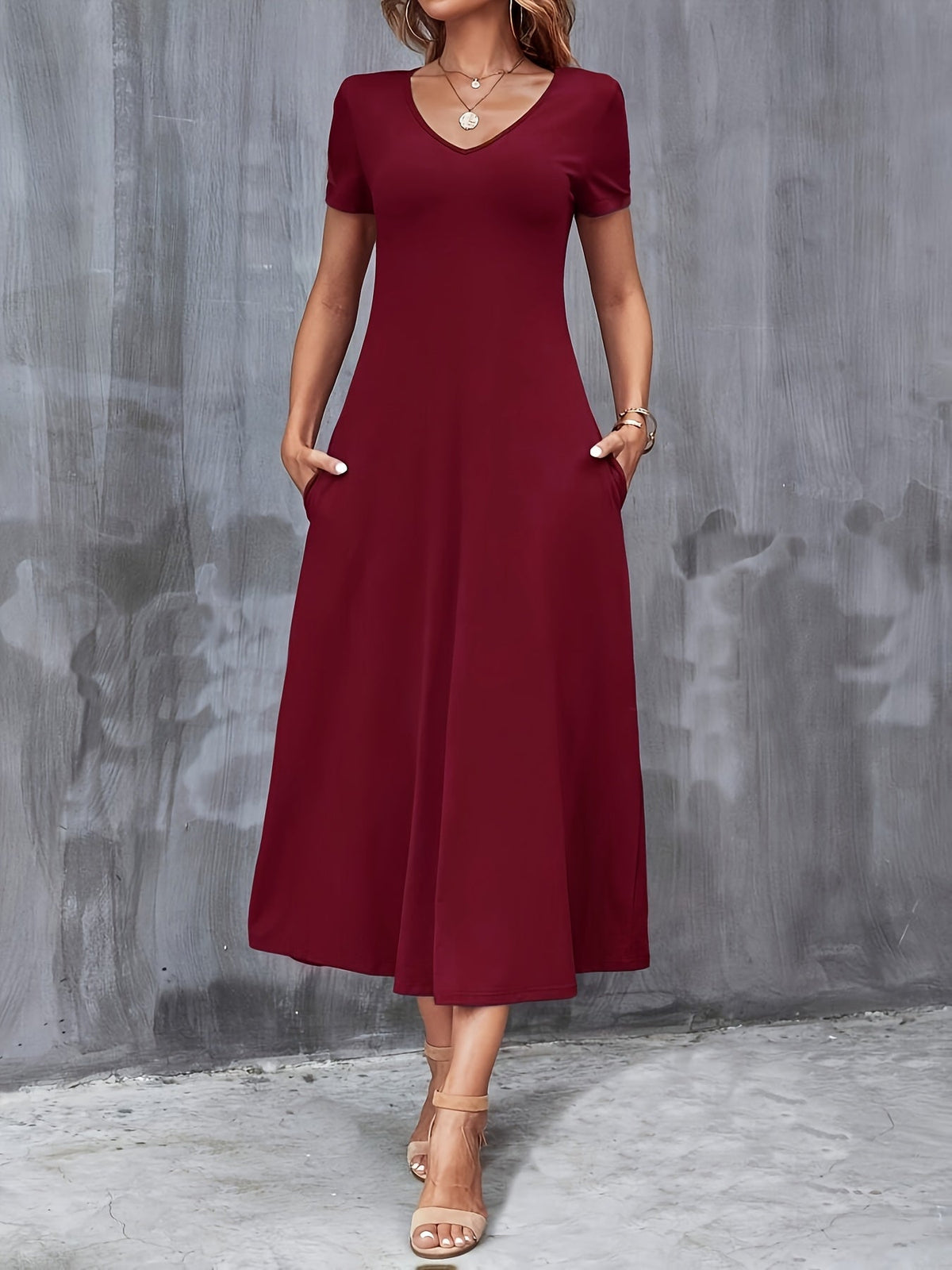 V-Neck A-Line Dress with Pockets Women Short Sleeve Casual Solid Color Knit Stretch Machine Washable Blue Black Navy Burgundy Olive Dark Green S M L XL XXL