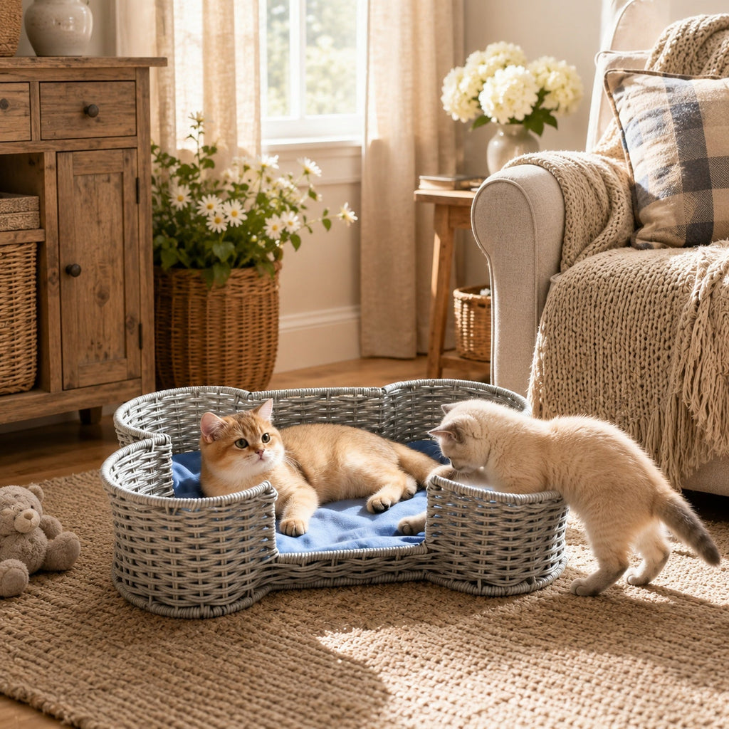 Bone Shaped Dog Toy Storage Basket – Hand Woven Faux Rattan Pet Toy Organizer Bin for Cat & Dog Toys, Leashes & Accessories, Farmhouse Home Decor Style