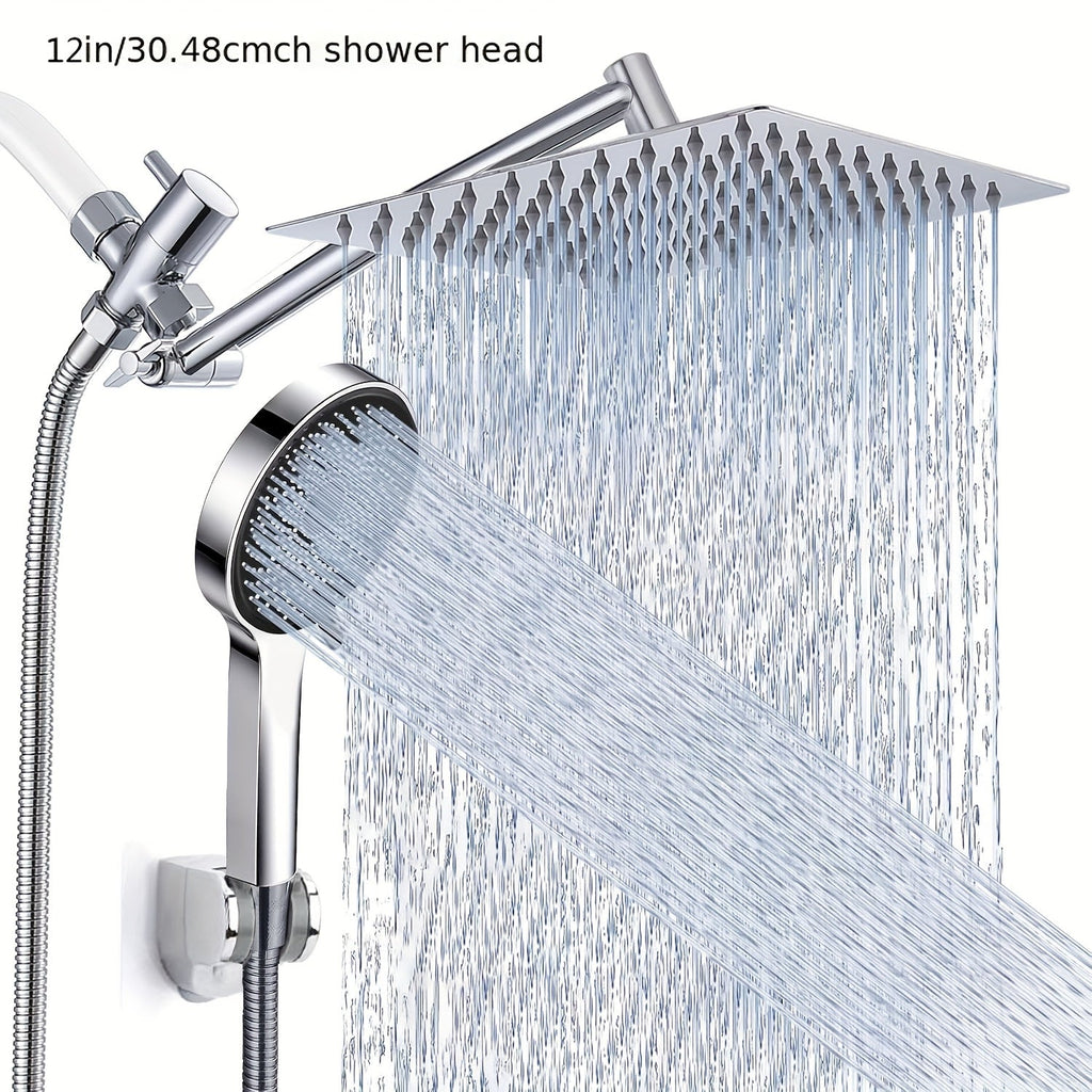 High Pressure Rainfall Handheld Shower Head Combo 11-Inch Extension Arm 9 Settings Anti-Leak Height Adjustable Chrome Matte Black