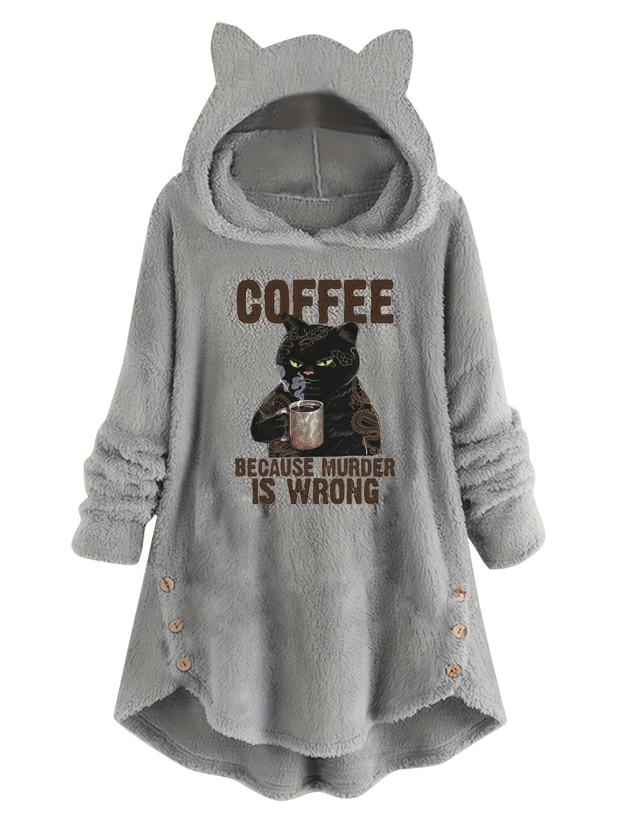 Cat Ear Teddy Fleece Hoodie Women Funny Cat Slogan Print - Cozy Fluffy Sweatshirt with Button Detail, Coffee Because Murder Is Wrong Graphic Hoodie, Grey Burgundy Black S-XXL