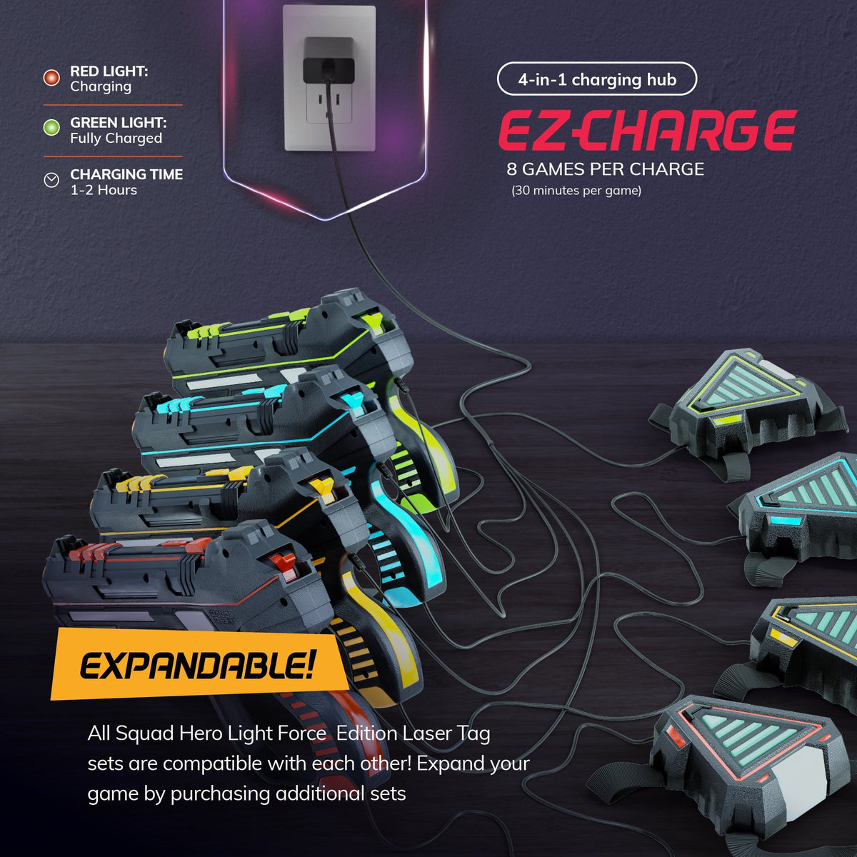 Laser Tag Set for Kids 4 Player Rechargeable Game with 4 Blasters & 4 Adjustable Vests, 150-Ft Infrared Range, Charging Hub, Stealth Mode, 2 Weapon Modes – Indoor Outdoor Birthday Gift for Ages 8+
