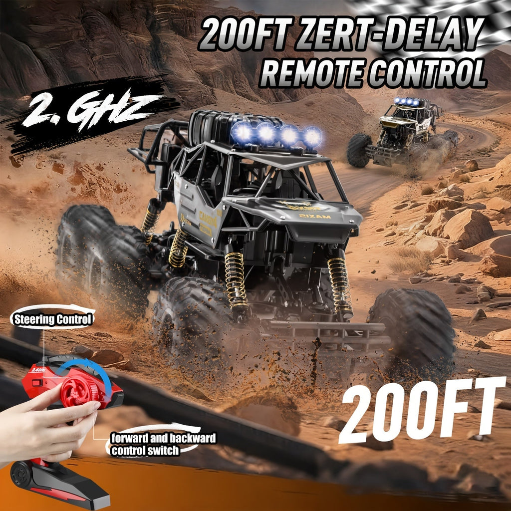 1:10 Scale Six-Wheel Alloy RC Monster Truck 2.4GHz Off-Road Climbing Vehicle 1200mAh Battery LED Lights Independent Shock Absorption Gift Box Model 9219