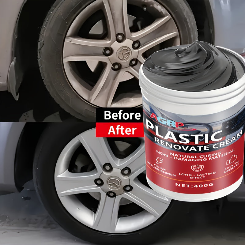 Car Plastic Trim Restorer Wax 400g – High Gloss UV-Resistant Polish for Dashboard Bumper Tire & Exterior Trim, Anti-Fade Interior & Exterior Car Detailing Paste, Non-Greasy Fast-Drying