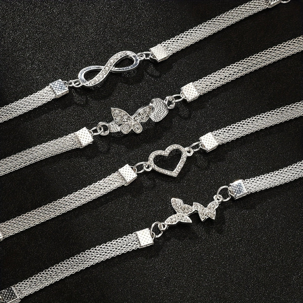 925 Silver Butterfly Infinity Anklet Set 4pcs – Stackable Foot Chain Bracelet for Women, Elegant Summer Jewelry, Mother's Day & Birthday Gift