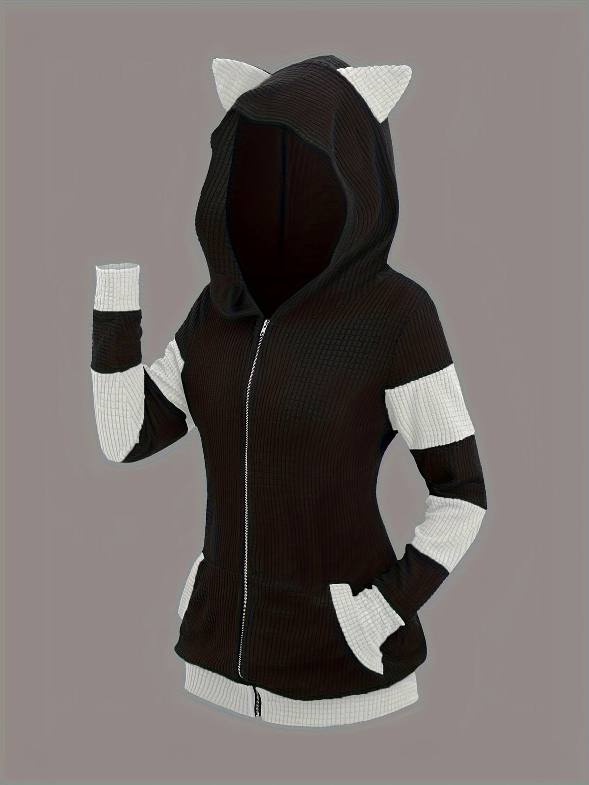 Cat Ear Hooded Sweatshirt Jacket Women Color Block Mid-Length Zip Up Hoodie Fall Winter – Thickened Warm Casual Outerwear S-XXL