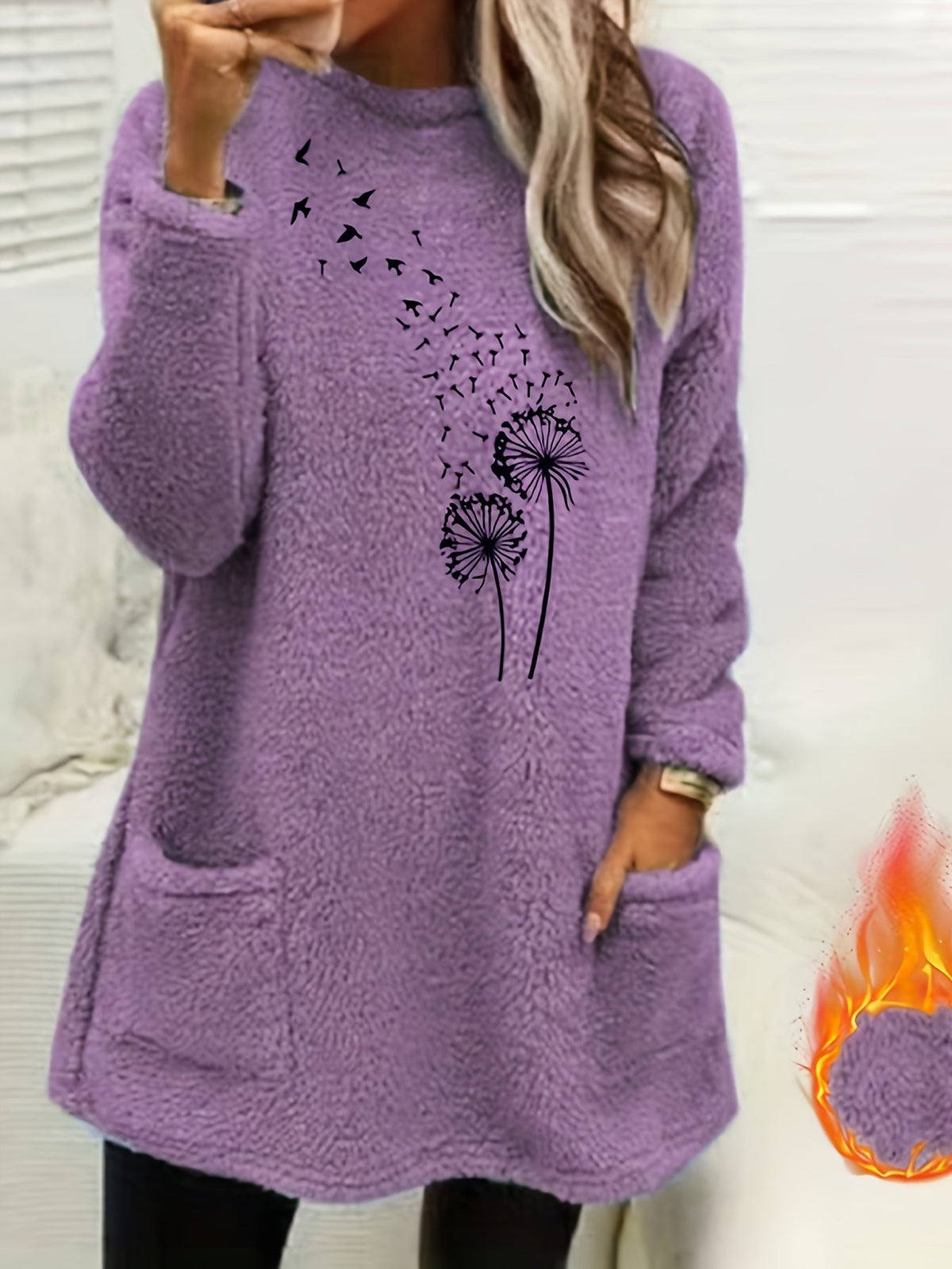 Dandelion Print Sweatshirt Women - Cozy Fleece-Lined Long Sleeve Pullover, Soft Stretch Casual Fall Winter Top, S-XXL