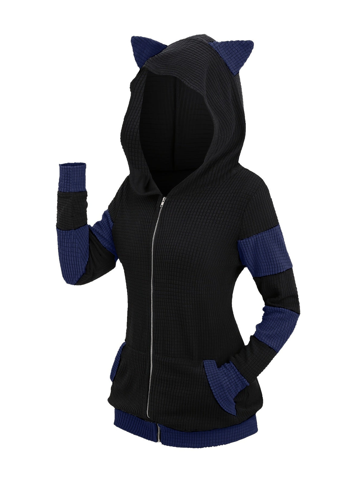 Cat Ear Hooded Sweatshirt Jacket Women Color Block Mid-Length Zip Up Hoodie Fall Winter – Thickened Warm Casual Outerwear S-XXL