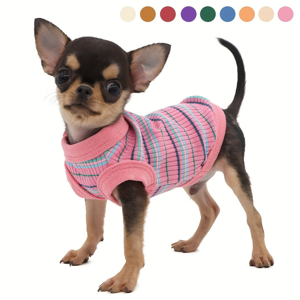 Pink Striped Ribbed Dog Vest Tank Top for XS and Small Dogs - Soft Sleeveless Pullover All-Season Pet Apparel, Comfortable Casual Dog Tank Top for Toy Breeds and Puppies