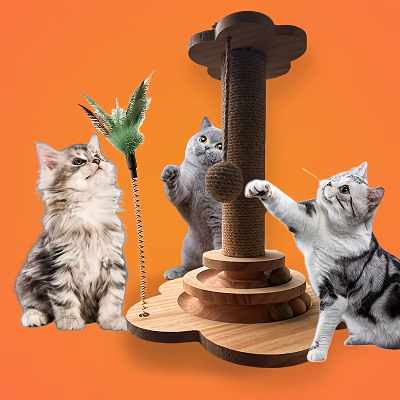 Sisal Cat Scratching Pole Set with Clown Hat Vertical Scratch Plate & Cat Climbing Frame - Wear-Resistant Cat Scratcher Toy with Teasing Stick for Indoor Cats Kittens Millet Shape Turtle Shape