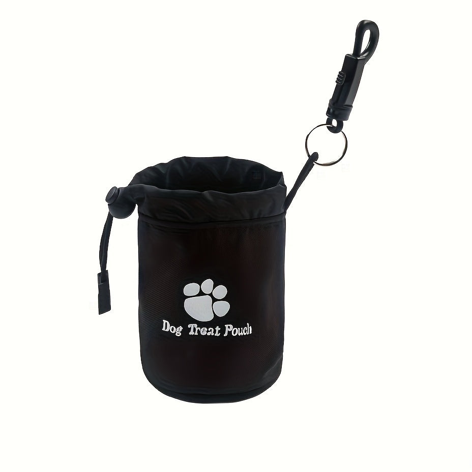 Dog Treat Pouch with Clip-On Belt & Harness Attachment - Paw Print Drawstring Zipper Training Bag for Puppy Walking Snacks Portable Pet Accessory Black Blue Red Green