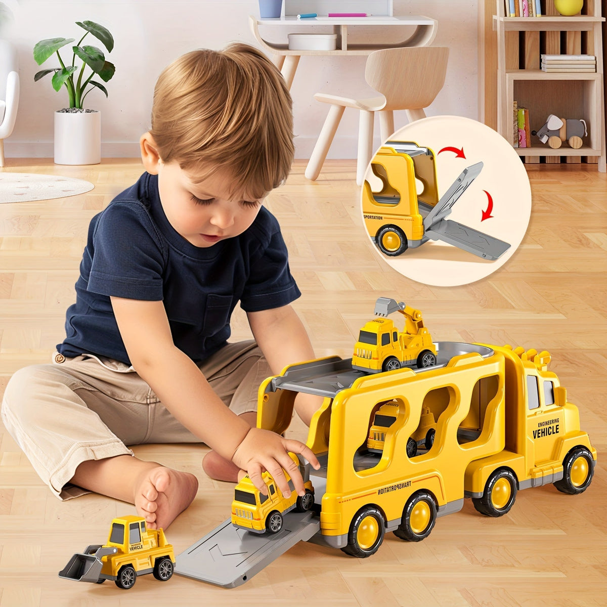 5-in-1 Engineering Vehicle Toy Set for Kids Ages 2+ - Friction Power Construction Trucks Playset with Transport Vehicle, Toddler Boys Gift for Birthday Christmas, Random Accessory Colors