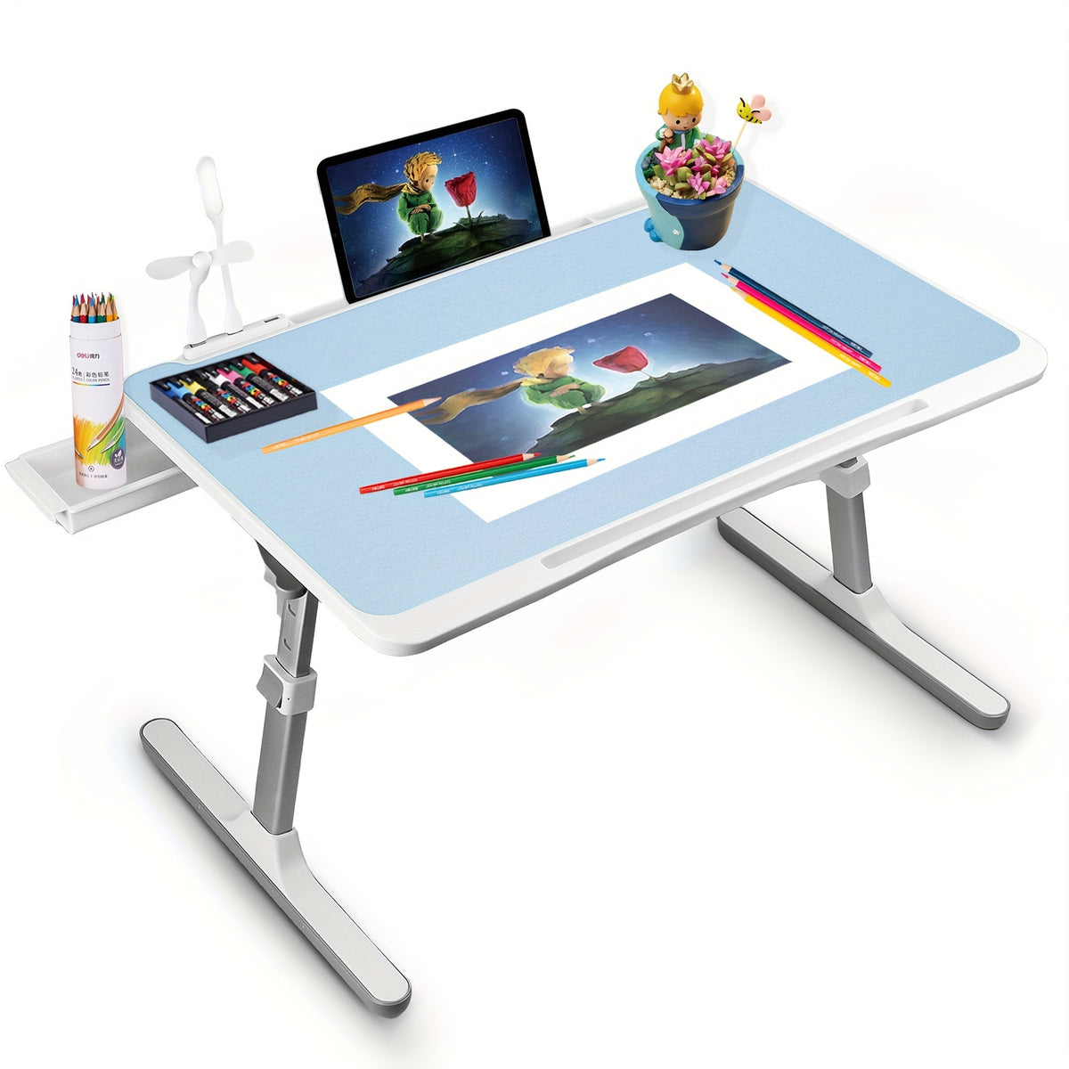 Lap Desk Bed Tray Table with USB Light Fan & Drawer – Adjustable Portable Laptop Stand for Bed Couch Sofa, Laptop Desk for Reading Writing Eating, 10 Colors & Sizes