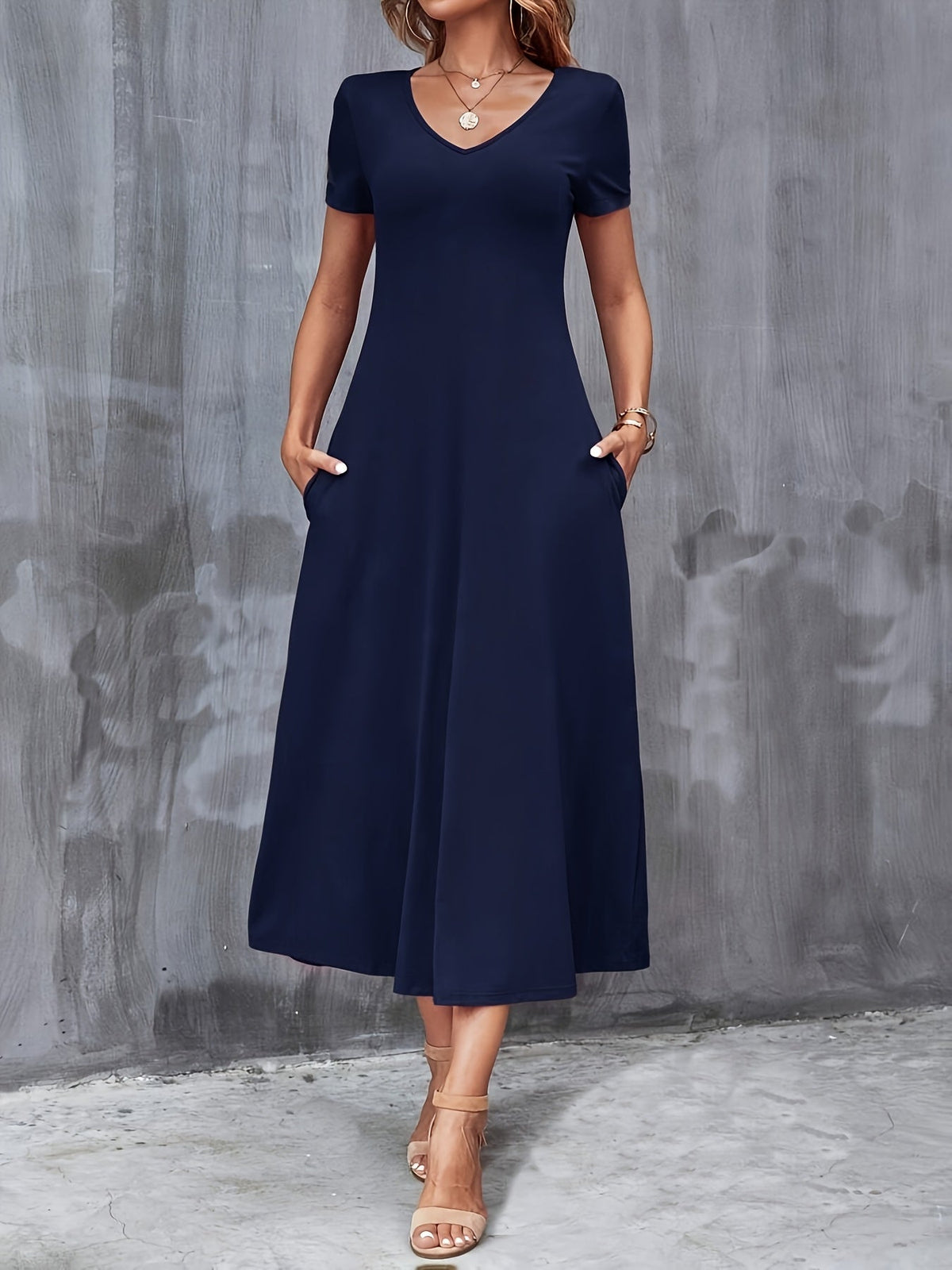 V-Neck A-Line Dress with Pockets Women Short Sleeve Casual Solid Color Knit Stretch Machine Washable Blue Black Navy Burgundy Olive Dark Green S M L XL XXL