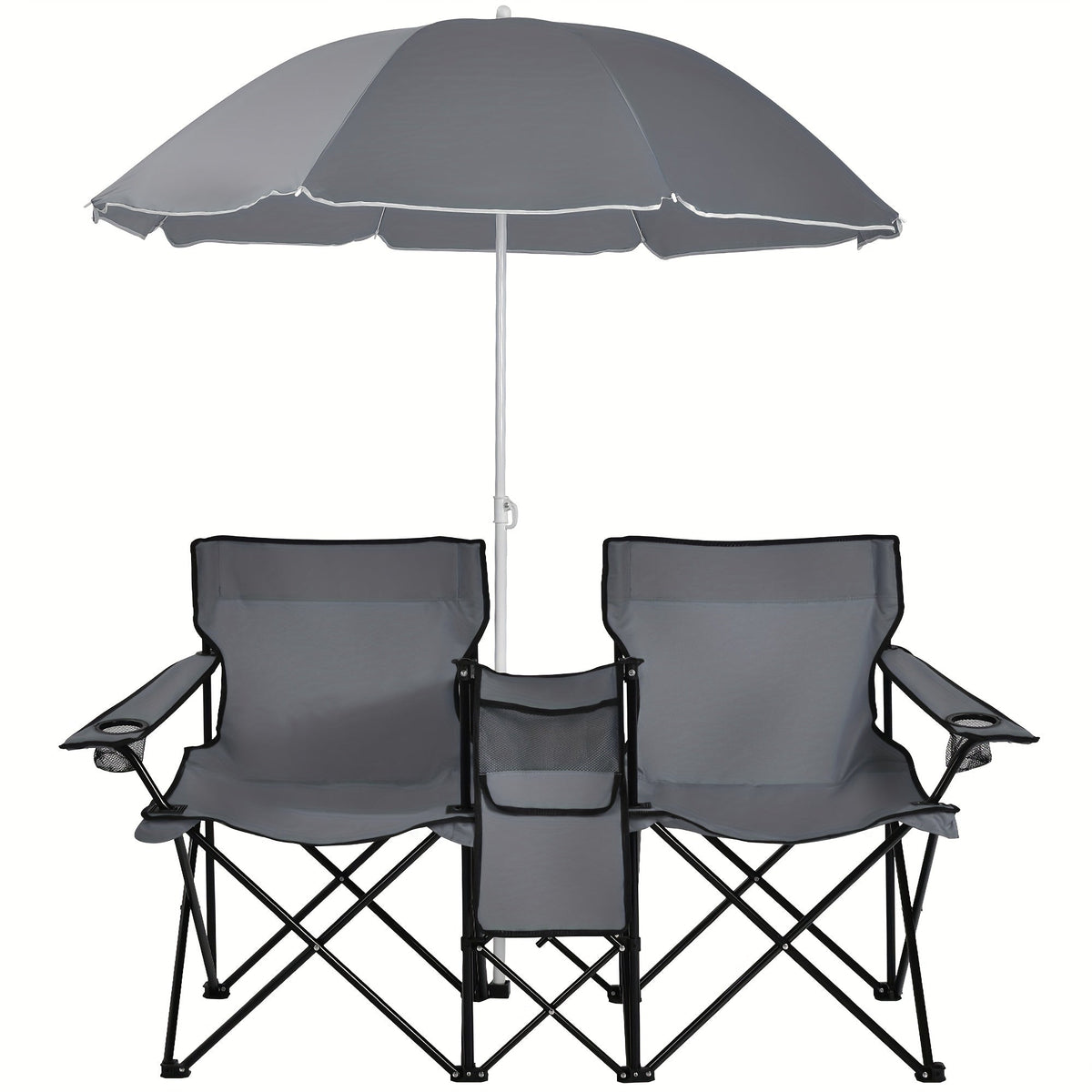 2-Person Folding Beach Chair Set with Umbrella, Table & Cooler Bag – Compact Collapsible Picnic Chair for Beach, Camping & Outdoor Outings, 270 lb Capacity Per Seat