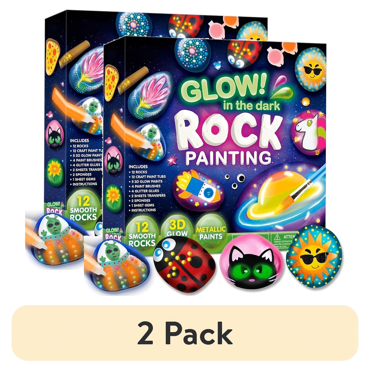 Glow in the Dark Rock Painting Kit for Kids Ages 6+ Arts and Crafts Set with 10 Rocks 6 Standard 6 Metallic 5 Glow Paints Brushes Gems Stickers Non-Toxic Birthday Easter Gift Boys Girls