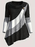 Color Block Patchwork Long Sleeve Top Women Irregular Hem Wide Lapel Knit Casual Spring Fall Black Mixed Colors S M L XL XXL