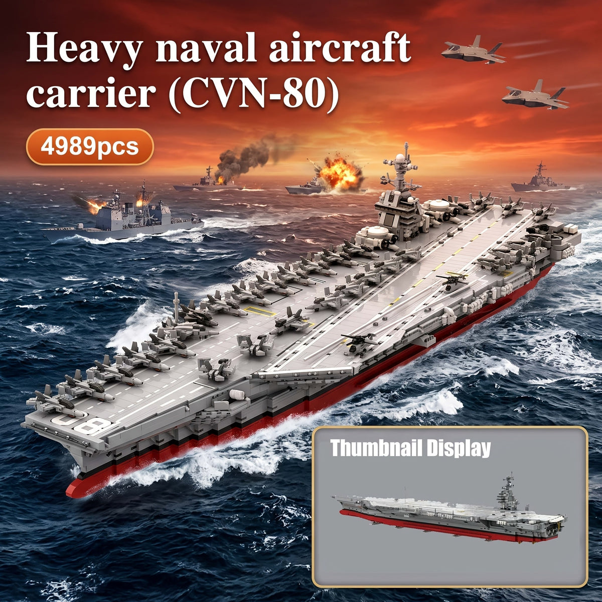 4989 Piece Navy Aircraft Carrier Building Block Set – Grey & Red Hull Warship Diorama, Elevating Flight Deck, Island Tower, MOC Military Model Kit, Collector Gift for Navy & Military Enthusiasts A2683