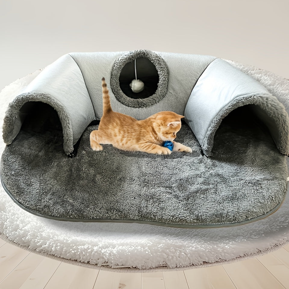 3-in-1 Cat Tunnel Bed with Play Mat & Warm Nest – Cozy Collapsible Cat Cave with Non-Slip Bottom for Small to Medium Cats, Rabbits & Hamsters, Indoor Pet Hideaway