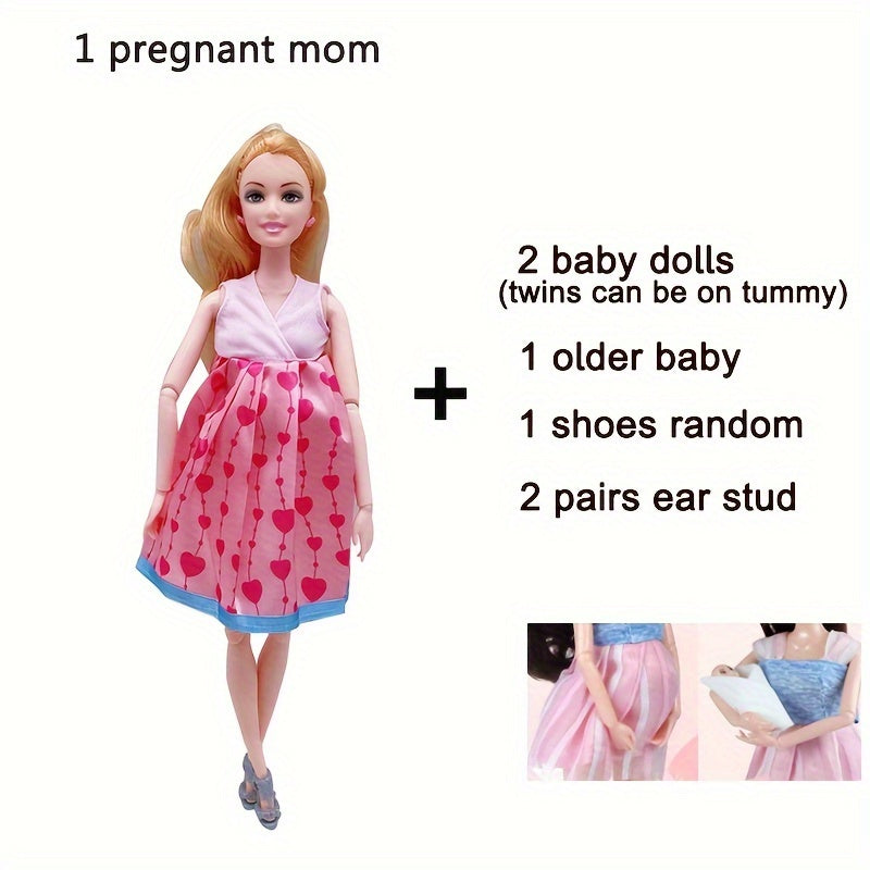 11.8 Inch Fashion Pregnant Doll with Movable Joints Mom Doll with 2 Baby Dolls Elder Doll Ear Studs Shoes Modern Dress Princess Doll Educational Toy for Girls Ages 3+