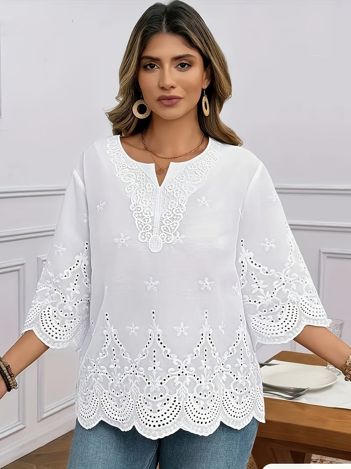 Women's V-Neck Floral Lace Contrast Shirt Elegant Woven Blouse for Spring Summer Fall Formal Casual Wear S-XXL