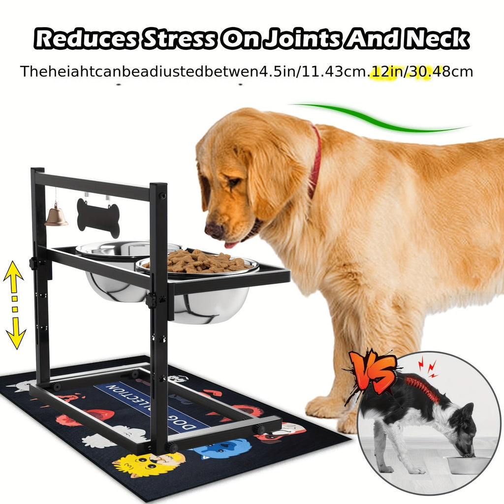 Elevated Dog Bowl Stand with Slow Feeder & Spillproof Mat - Height Adjustable 4.5"-12" Raised Dog Feeder with 2 Stainless Steel Bowls - Iron Frame Dog Bowl Stand for Large Medium Dogs Joint Health