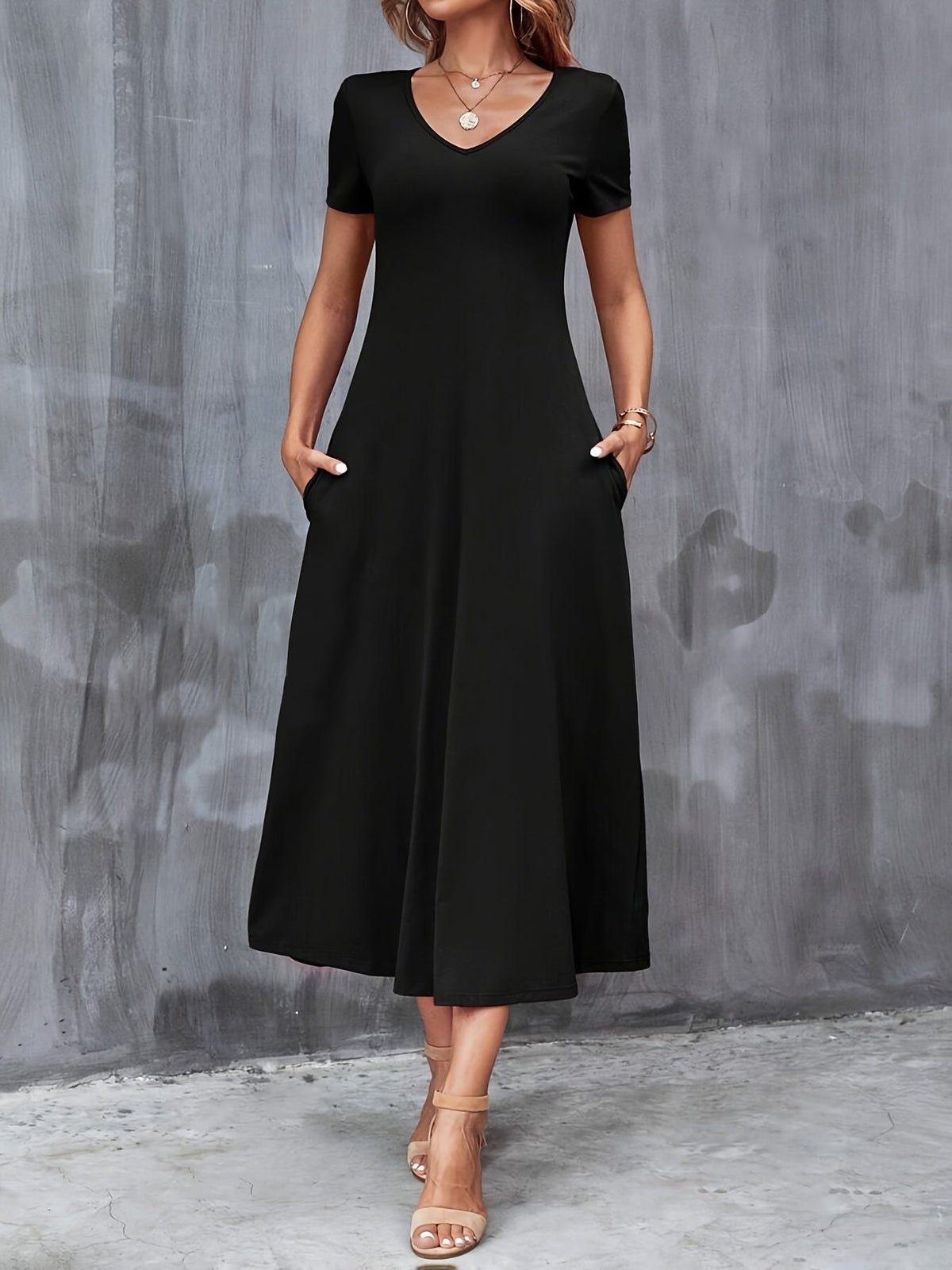 V-Neck A-Line Dress with Pockets Women Short Sleeve Casual Solid Color Knit Stretch Machine Washable Blue Black Navy Burgundy Olive Dark Green S M L XL XXL