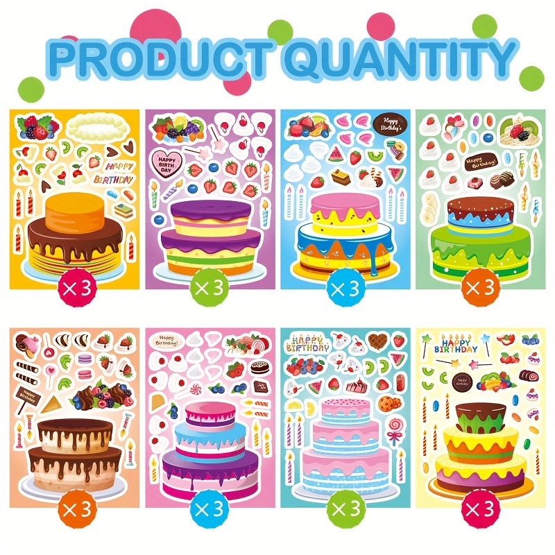 Birthday Cake Stickers for Kids 24 Sheets – DIY Make Your Own Cake Decoration Sticker Set with Fruit, Candy & Candles, Happy Birthday Party Favors, Classroom Teacher Reward Stickers, Fun Gift for Boys Girls