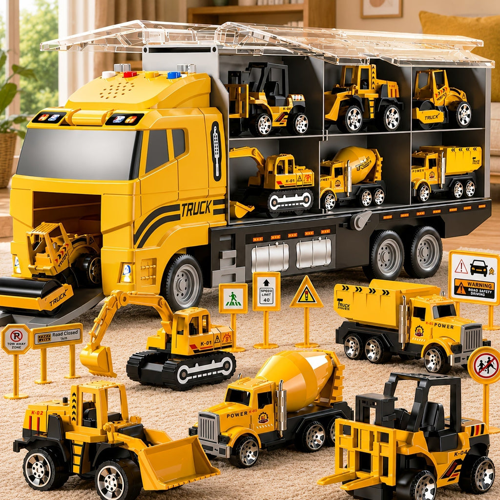 13-in-1 Construction Truck Vehicle Toy Set for Kids Ages 3+ – Die-Cast Cars, Play Mat & Transport Carrier, Sound Effects, Birthday Christmas Gift (Random Accessories)